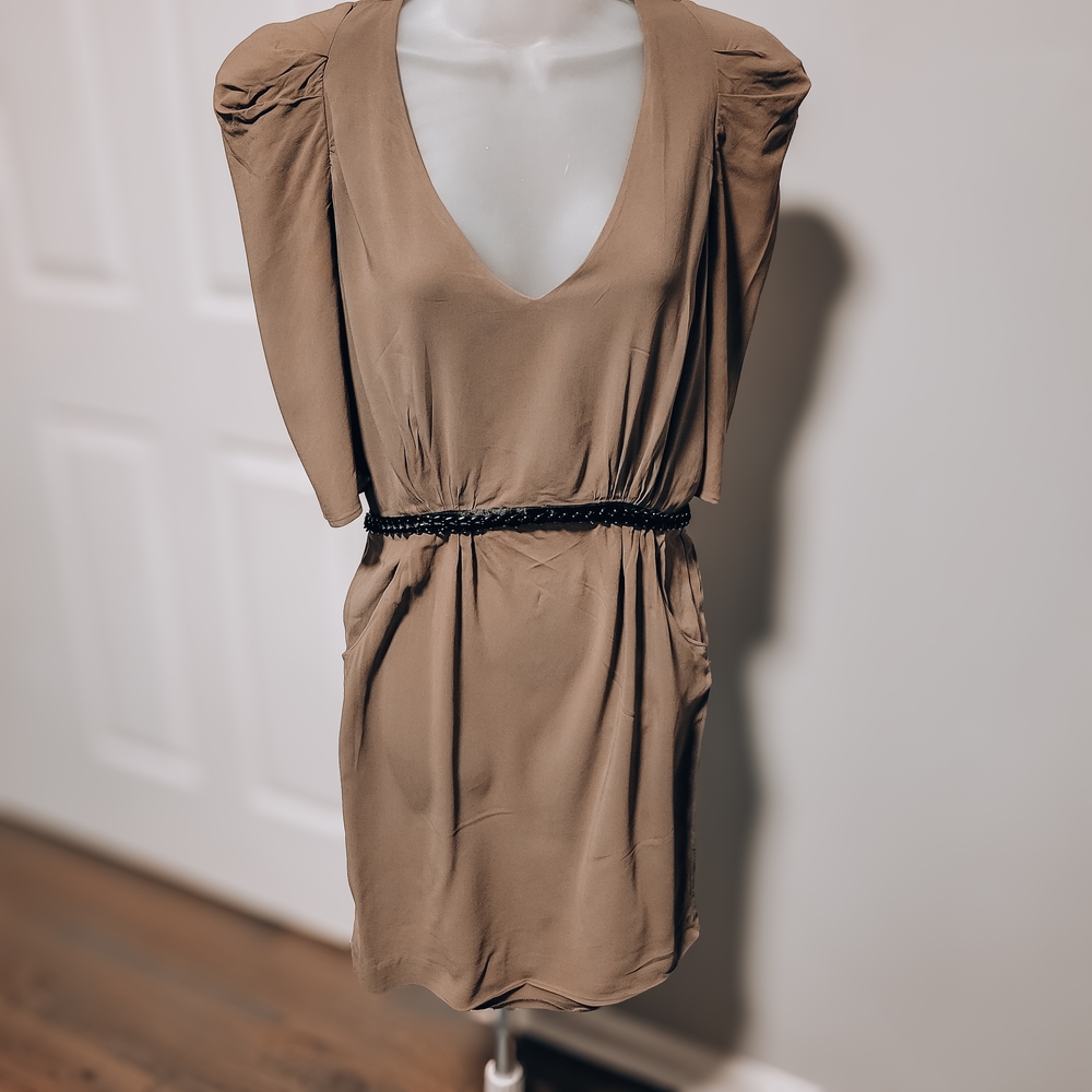 Sandro Paris - Elegant Tan Dress with Black Belt